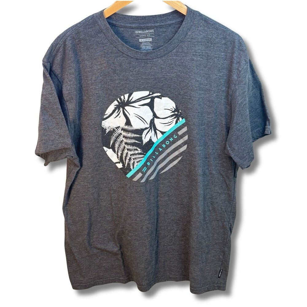 Billabong T-Shirt Men's XL Gray Green Graphic Logo Crewneck Short Sleeve Tee